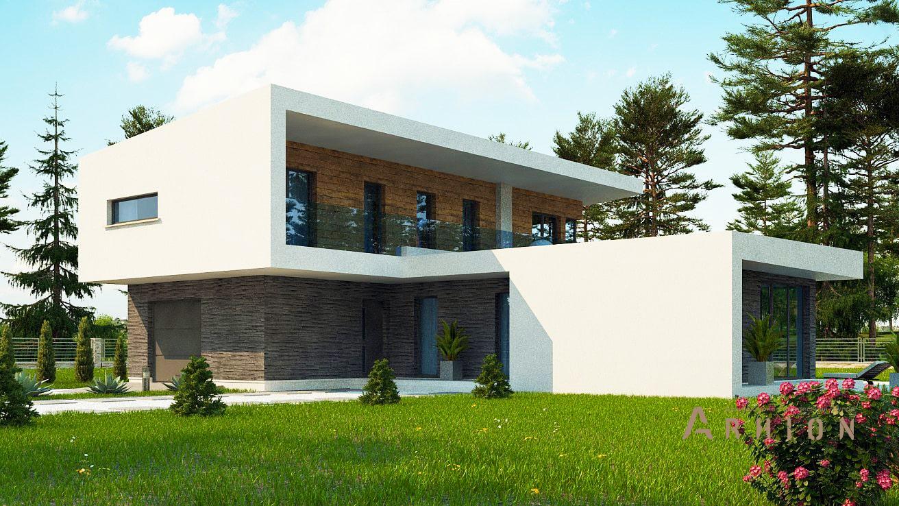 8. Проект двухэтажного дома в стиле хай-тек с плоской кровлей , zx70, площадью - 192 кв c балконом, гаражом